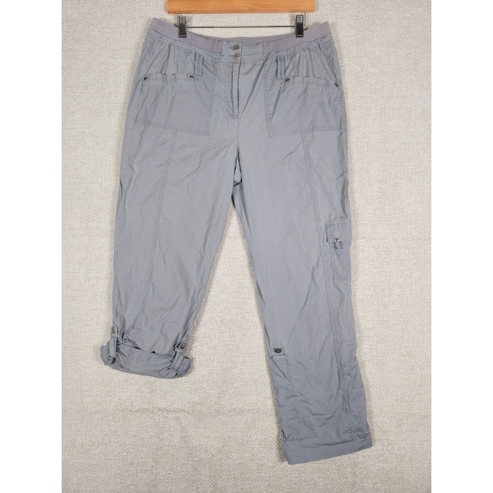 Laura‎ Ashley Womens Gray Cargo Utility Pants Size 14 Stretch Roll Tab Cuff